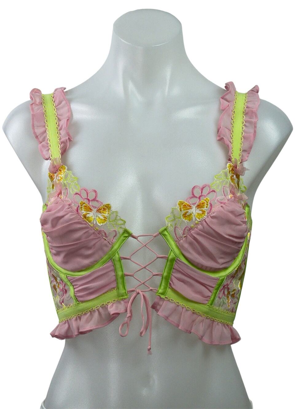 For Love & Lemons Sunset Butterfly Pink Ruffle Bustier Lace Crop Corset Top Sz S
